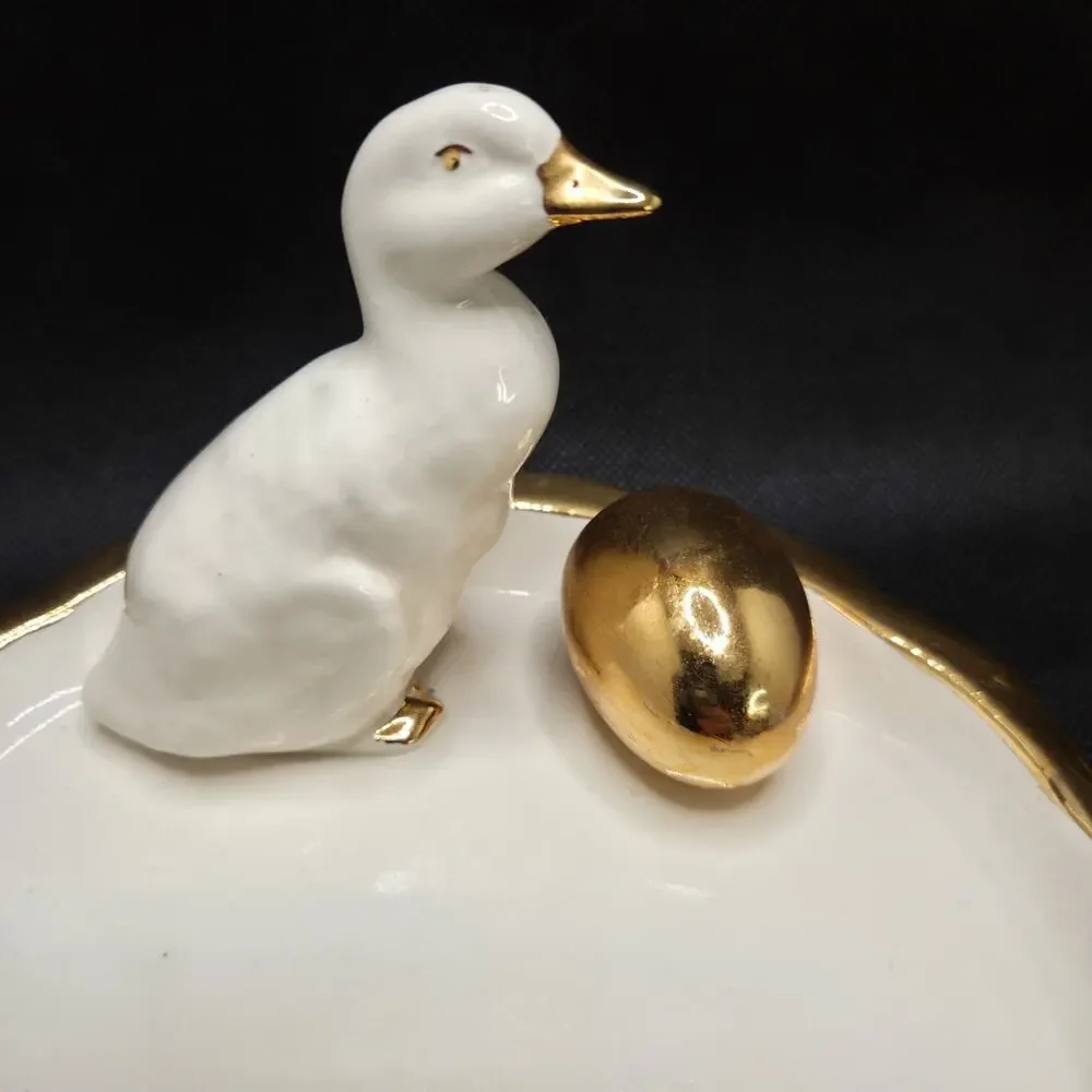 LA Ceramics Hand Painted Dish White Goose & Golden Egg Storybook Farmhouse 7.25